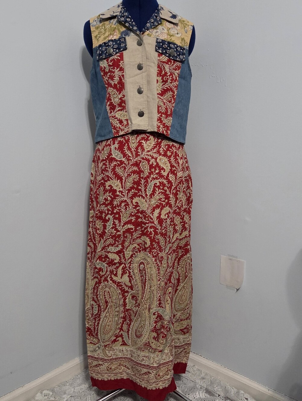 Vintage Linen Blend Patchwork Skirt Set Size S